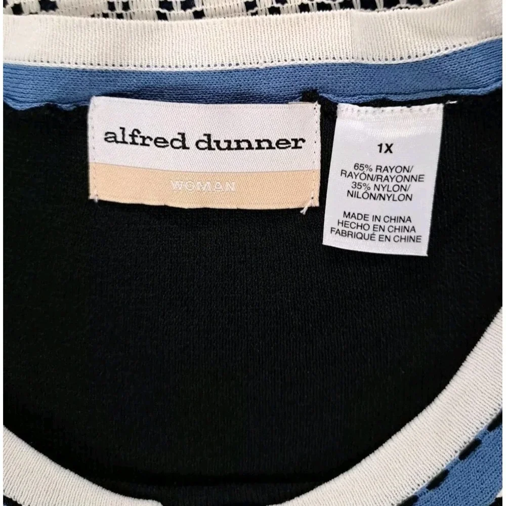 Alfred Dunner Sweater Womens 1X Black/Blue White Trim Two-Fer Cardigan Polyester